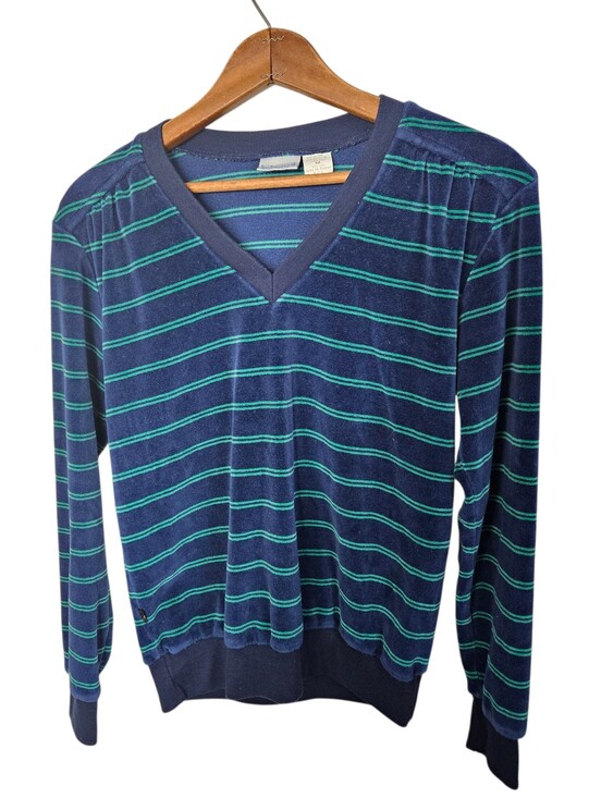 Levi's Tops - Vintage 80s Levi Strauss & Company Navy Velour V-Neck with Teal Stripes, Medium